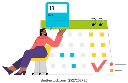 Businesswoman concept. A professional female scheduling her tasks on a large calendar to meet deadlines. Time management and planning strategy. Vector illustration.