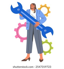 Businesswoman concept. Professional female in suit holding a giant wrench against a backdrop of colorful gears. Problem-solving and industry expertise. Vector illustration.