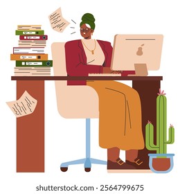 Businesswoman concept. Professional female working at a cluttered desk with paperwork and laptop. Vector illustration.