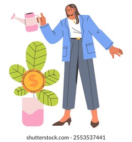 Businesswoman concept. Professional nurturing financial growth with investment. Economic prosperity depicted with a money plant metaphor. Vector illustration.