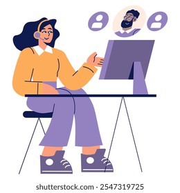Conceito de mulher de negócios. Mulher profissional participando de uma reunião on-line, relacionando-se com colegas através de uma tela de computador. Comunicação de trabalho à distância. Ilustração vetorial.