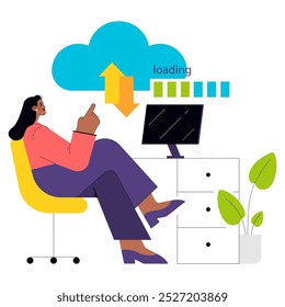 Businesswoman concept. A professional woman monitors data upload to cloud storage. Remote work setup, digital progress and technology use. Vector illustration.