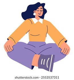 Businesswoman concept. A serene professional in a meditative pose promoting workplace wellness. Mindfulness in corporate settings. Vector illustration.