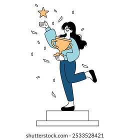 Conceito de mulher de negócios. Uma mulher triunfante com um troféu celebra o sucesso, alcançando uma estrela em meio a confetes. Ilustração vetorial.