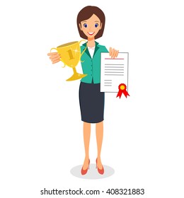 Businesswoman concept winner success. Business woman character vector. Excited smiling cartoon female raising trophy prize and certificate. Isolated on white background