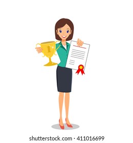 Businesswoman concept winner success. Business woman character vector. Excited smiling cartoon female raising trophy prize and certificate. Isolated on white background