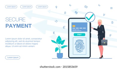 Businesswoman conducts secure payment from phone with card and fingerprint flat vector illustration