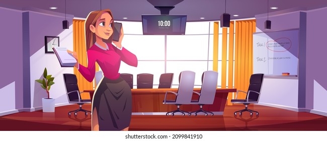 Businesswoman in conference room for meetings, presentation for team or discussion. Vector cartoon illustration of girl manager or secretary with notebook and phone in of boardroom in company office