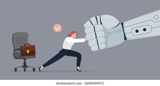 Businesswoman confronts robot fist. Female employee defends her workplace from robot or AI machine. Chatbot replaces human. New technologies are causing people to lose their jobs. vector illustration