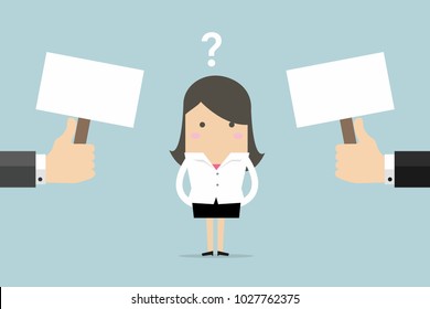 Businesswoman confused about two choices. vector