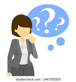 Businesswoman confused vector illustration. Woman character in the suit think about problem. Person in doubt. Searching for solution.