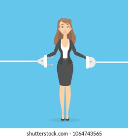 Businesswoman connecting the plug and socket standing on blue.