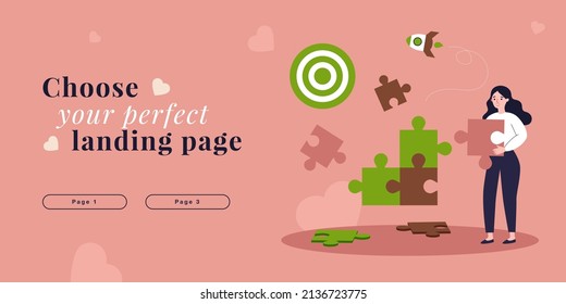 Businesswoman connecting puzzle pieces. Tiny woman building career, work success flat vector illustration. Startup, agreement, entrepreneurship concept for banner, website design or landing web page