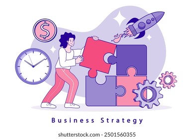 Businesswoman connecting puzzle pieces. Tiny woman building career, work success. Startup, agreement, entrepreneurship concept. Business strategy and solution. flat vector illustration. 