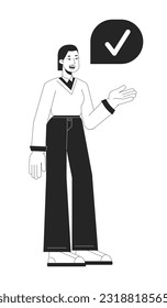 Businesswoman consent bw concept vector spot illustration. Female office employee agree 2D cartoon flat line monochromatic character for web UI design. Checkmark editable isolated outline hero image