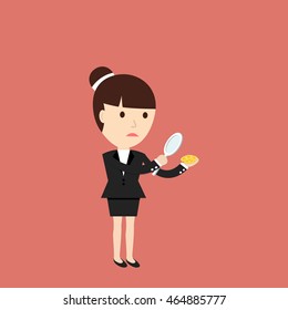 Businesswoman considers coin through a magnifying glass. The concept of a small profit. Vector illustration.