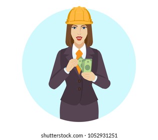 Businesswoman in construction helmet counting money. Portrait of businesswoman in a flat style. Vector illustration.