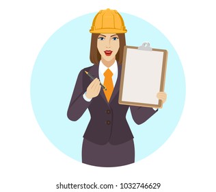 Businesswoman in construction helmet giving pen for your signature on clipboard. Portrait of businesswoman in a flat style. Vector illustration.