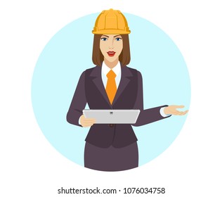 Businesswoman in construction helmet  holding a digital tablet PC and howing something beside of her. Portrait of businesswoman in a flat style. Vector illustration.