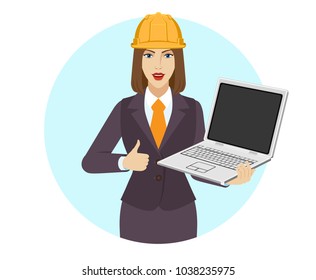 Businesswoman in construction helmet holding a laptop notebook and shows thumb up. Portrait of businesswoman in a flat style. Vector illustration.