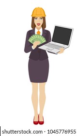 Businesswoman in construction helmet holding a laptop notebook and piggy bank. Full length portrait of businesswoman in a flat style. Vector illustration.
