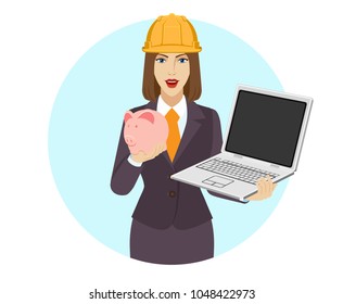 Businesswoman in construction helmet holding a laptop notebook and piggy bank. Portrait of businesswoman in a flat style. Vector illustration.