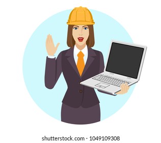 Businesswoman in construction helmet holding a laptop notebook and greeting someone with his hand raised up. Portrait of businesswoman in a flat style. Vector illustration.