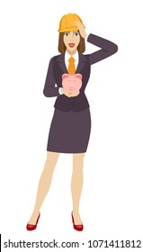 Businesswoman in construction helmet holding a piggy bank and grabbed his head. Portrait of businesswoman in a flat style. Vector illustration.