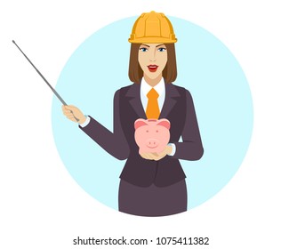 Businesswoman in construction helmet holding a pointer and piggy bank. Portrait of businesswoman in a flat style. Vector illustration.