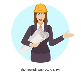 Businesswoman in construction helmet holding the project plans showing something beside of her. Portrait of businesswoman in a flat style. Vector illustration.