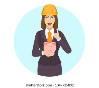 Businesswoman in construction helmet  with piggy bank showing thumb up. Portrait of businesswoman in a flat style. Vector illustration.