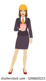 Businesswoman in construction helmet with piggy bank.  Full length portrait of businesswoman in a flat style. Vector illustration.