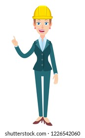 Businesswoman in construction helmet pointing up. Full length portrait of Cartoon Businesswoman Character. Vector illustration in a flat style.