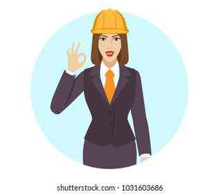 Businesswoman in construction helmet showing a okay hand sign. Portrait of businesswoman in a flat style. Vector illustration.
