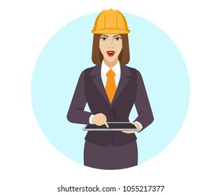 Businesswoman in construction helmet uses digital tablet PC. Portrait of businesswoman in a flat style. Vector illustration.