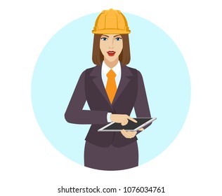 Businesswoman in construction helmet using a digital tablet PC. Portrait of businesswoman in a flat style. Vector illustration.