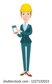 Businesswoman in construction helmet using mobile phone. Full length portrait of Cartoon Businesswoman Character. Vector illustration in a flat style.