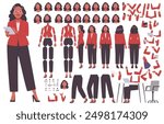 Businesswoman constructor. Set of different positions of hands, legs, head for animation of a business lady character. DIY kit. Vector illustration in flat style