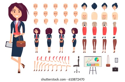 Businesswoman constructor vector illustration. Set includes women faces, legs and arms, stylish haircuts, elegant suit and shoes, casual trousers, accessories, office chair, chart board and character.