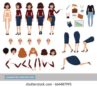 Businesswoman constructor vector illustration. Set of women faces, different views, emotions, legs and arms, stylish haircuts, accessories. Isolated white background. Build your own design.