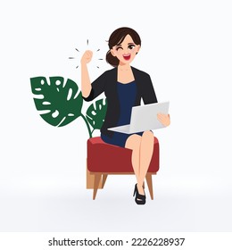 Businesswoman content creator working with laptop character pose set. Flat cartoon vector design.