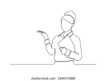 businesswoman in continuous line art drawing style. smiling and holding digital tablet, standing isolated on white background. Vector illustration