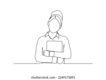 businesswoman in continuous line art drawing style. smiling and holding digital tablet, standing isolated on white background. Vector illustration