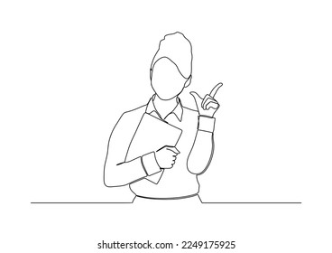 businesswoman in continuous line art drawing style. smiling and holding digital tablet, standing isolated on white background. Vector illustration