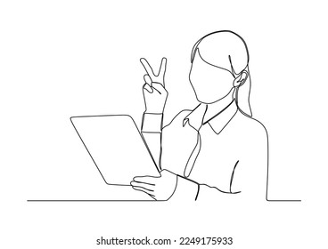 businesswoman in continuous line art drawing style. smiling and holding digital tablet, standing isolated on white background. Vector illustration