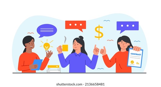 Businesswoman with contract. Young girls in office discussing latest news. Employees on their lunch break, boss made deal and tells about it to subordinates. Cartoon flat vector illustration