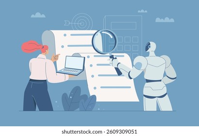 Businesswoman controlling robot using magnifying glass checking data in document, Concept of using artificial intelligence to support data analysis and document review, Flat vector illustration.