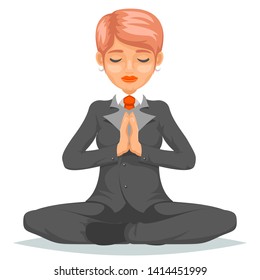 Businesswoman corporate worker female business yoga meditation wisdom health cartoon character icon design vector illustration