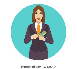 Businesswoman counting money. Portrait of businesswoman in a flat style. Vector illustration.