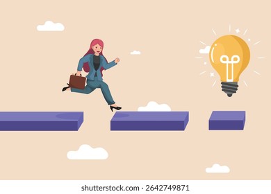 Businesswoman Courageously Jumping Across Gaps Towards a Bright Idea Light Bulb, Symbolizing Taking Risks and Overcoming Obstacles to Achieve Innovation and Success.